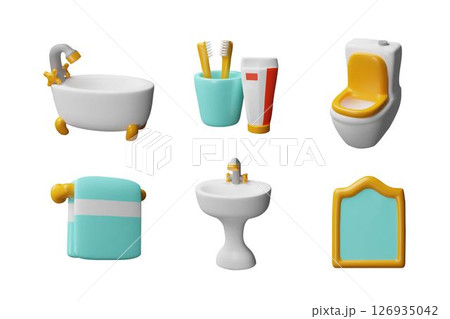 Bathroom hygiene accessories and interior equipment 3D vector set, bath, ceramic sink, toilet bowl, towel and mirror Bathroom hygiene accessories and interior equipment 3D vector set, bath, ceramic sink, toilet bowl, towel and mirror 126935042