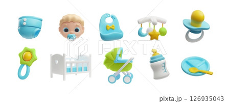 Set of baby things 3D vector collection, cute infant face, buggy, bed, diaper, rattle and carousel toys, feeding utensil 126935043