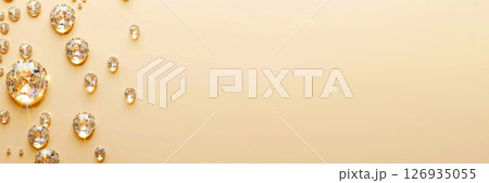 Luxury gemstones scattered on soft beige, minimalist horizontal ad template with blank space, background 126935055
