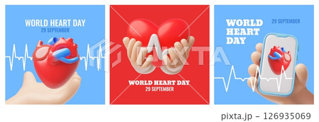 World heart day 29 September vector 3D posters set, heart shape with pulse sign in hands, healthcare awareness concept World heart day 29 September vector 3D posters set, heart shape with pulse sign in hands, healthcare awareness concept 126935069