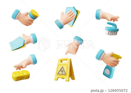 3D icon set with hands holding cleaning items: sponge, rag, brush, detergent and warning sign. 3D icon set with hands holding cleaning items: sponge, rag, brush, detergent and warning sign. 126935072
