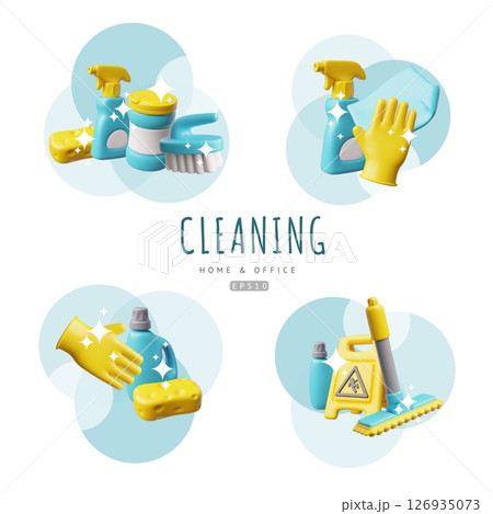 Home and office cleaning tools 3D vector set, realistic collection of cleaning accessories and housekeeping equipment 126935073