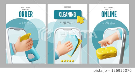 Online order cleaning service advertising design 3D poster vector set, hand from smartphone screen, cleaning equipment 126935076