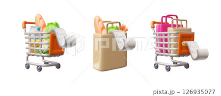 Realistic shopping cart, trolley and bag with food and bill payment 3D vector set, metal basket on wheels with purchases 126935077