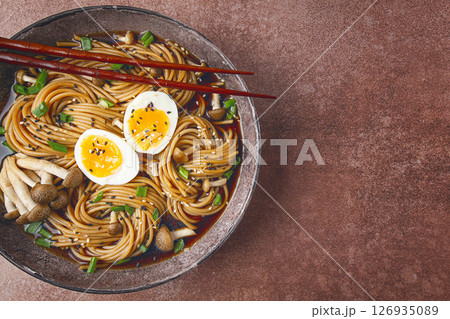 buckwheat noodles, soba, with shimeji mushrooms, boiled egg, green onion, sesame seeds, homemade, no people, buckwheat noodles, soba, with shimeji mushrooms, boiled egg, green onion, sesame seeds, homemade, no people, 126935089