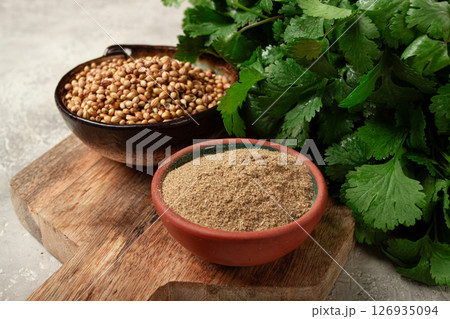 a bunch of fresh cilantro, coriander seeds and powder bowls, close-up, top view, no people, food and drinks, 126935094