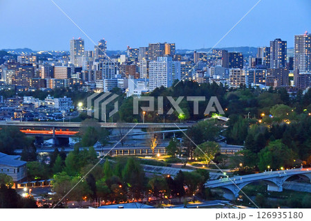 杜の都仙台　夜景、青葉城本丸跡から見晴らす街並み 126935180