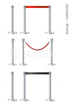 Retractable belt rack. Portable tape barrier. Red tape for fencing. Red carpet with red ropes on silver supports. Exclusive event, movie premiere, gala concert, awards ceremony. 126935261