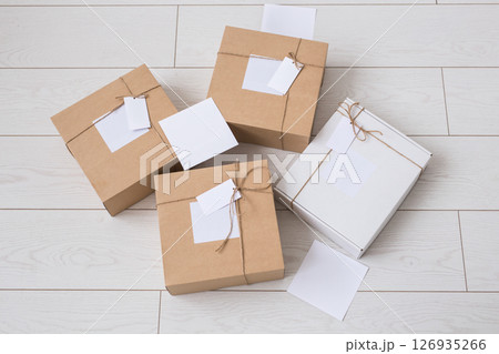 Many boxes with space for advertisement delivered from online store. Internet shopping and delivery concept. Mockup 126935266