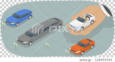 3D Isometric Flat Illustration of Car Dealership , Selecting And Purchasing A New Vehicle With Care And Consideration 3D Isometric Flat Illustration of Car Dealership , Selecting And Purchasing A New Vehicle With Care And Consideration 126935543