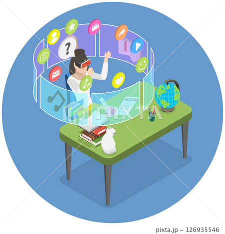 3D Isometric Flat  Illustration of Learning In The Metaverse, Virtual Reality Technology For Academic Purposes 126935546