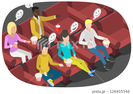 3D Isometric Flat Illustration of Watching Movie, Happy People Enjoying Movie At Cinema With Popcorn 3D Isometric Flat Illustration of Watching Movie, Happy People Enjoying Movie At Cinema With Popcorn 126935548