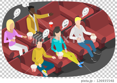 3D Isometric Flat  Illustration of Watching Movie, Happy People Enjoying Movie At Cinema With Popcorn 126935548