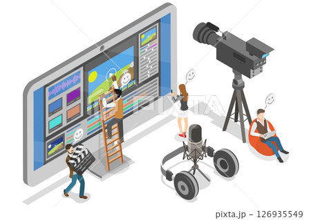3D Isometric Flat  Illustration of Software for Video Editing, Film Footage Montage 126935549