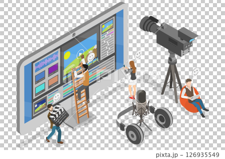 3D Isometric Flat  Illustration of Software for Video Editing, Film Footage Montage 126935549