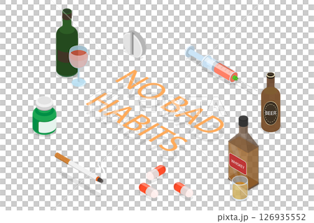 3D Isometric Flat  Illustration of Stop Bad Habits, No Drugs, Alcohol, And Cigarettes 126935552