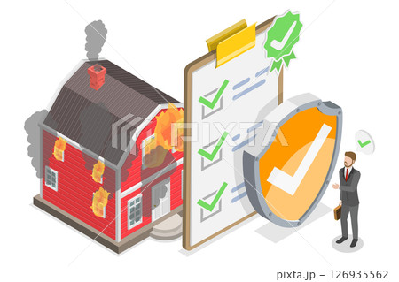 3D Isometric Flat  Illustration of Fire Property Insurance, Damage Coverage, Accident Policy 126935562