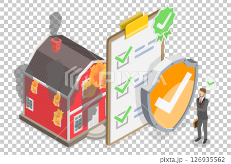 3D Isometric Flat  Illustration of Fire Property Insurance, Damage Coverage, Accident Policy 126935562