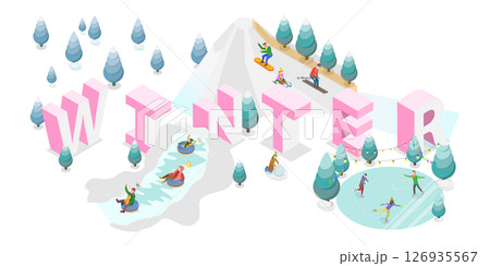 3D Isometric Flat  Illustration of Winter Sports, Recreational Activities To Enjoy During The Cold And Snowy Season 126935567
