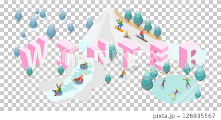 3D Isometric Flat  Illustration of Winter Sports, Recreational Activities To Enjoy During The Cold And Snowy Season 126935567