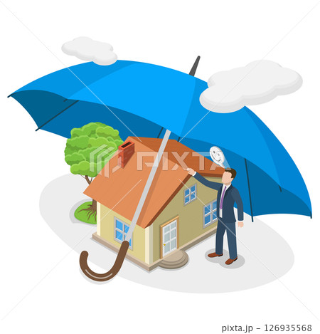 3D Isometric Flat  Illustration of Home Insurance, Residential Building Protection Under Strong Cover Umbrella 126935568