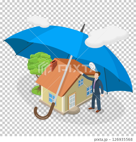 3D Isometric Flat  Illustration of Home Insurance, Residential Building Protection Under Strong Cover Umbrella 126935568