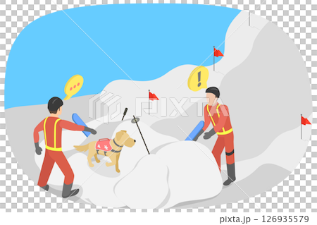 3D Isometric Flat Illustration of Avalanche Rescue, Lifesavers Digging a Person out of Snow 3D Isometric Flat Illustration of Avalanche Rescue, Lifesavers Digging a Person out of Snow 126935579
