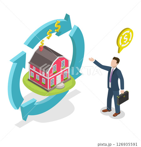 3D Isometric Flat  Illustration of House Loan, Businessman Agrees To Regular Payments In Exchange For Property As Part Of Reverse Mortgage 126935591