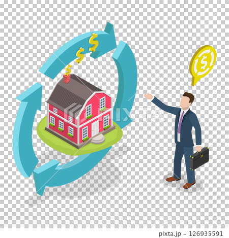 3D Isometric Flat  Illustration of House Loan, Businessman Agrees To Regular Payments In Exchange For Property As Part Of Reverse Mortgage 126935591