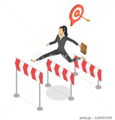 3D Isometric Flat  Illustration of Challenge, Success Journey, Confidence Entrepreneur Overcoming Hurdles With Determination 126935593