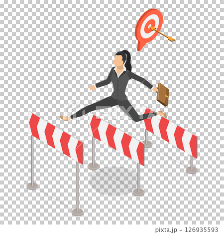 3D Isometric Flat  Illustration of Challenge, Success Journey, Confidence Entrepreneur Overcoming Hurdles With Determination 126935593