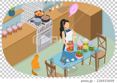 3D Isometric Flat  Illustration of Preserving Vegetables, Homemade Canned Food 126935609