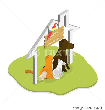 3D Isometric Flat  Illustration of Domestic Animal Daycare, Services For Furry Friends 126935611