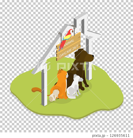 3D Isometric Flat  Illustration of Domestic Animal Daycare, Services For Furry Friends 126935611