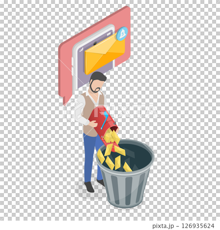 3D Isometric Flat  Illustration of Deleting Spam, Spam And Unnecessary Emails Disposal 126935624