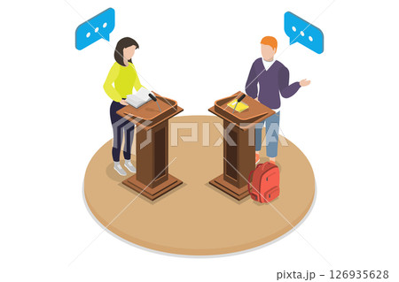 3D Isometric Flat  Illustration of Student Debates, Teaching Communication And Persuasion Techniques 126935628