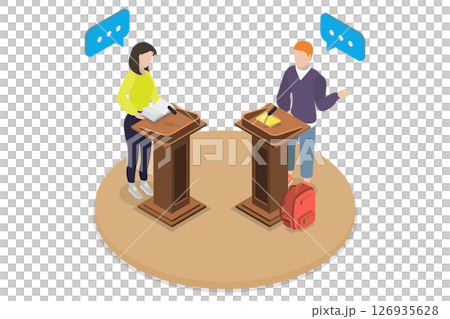 3D Isometric Flat  Illustration of Student Debates, Teaching Communication And Persuasion Techniques 126935628