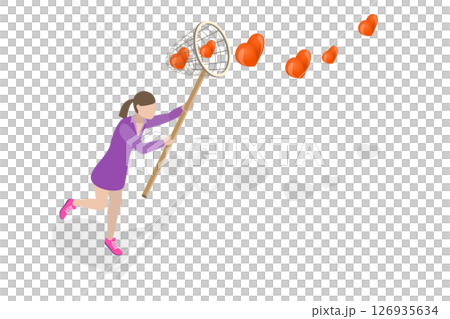 3D Isometric Flat Illustration of Chasing For Love, In Search Of Love And Romance Ideals 3D Isometric Flat Illustration of Chasing For Love, In Search Of Love And Romance Ideals 126935634