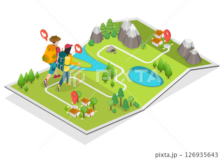3D Isometric Flat Illustration of Hiking Map, Hikers Exploring The Great Outdoors 3D Isometric Flat Illustration of Hiking Map, Hikers Exploring The Great Outdoors 126935643