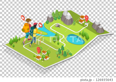 3D Isometric Flat Illustration of Hiking Map, Hikers Exploring The Great Outdoors 3D Isometric Flat Illustration of Hiking Map, Hikers Exploring The Great Outdoors 126935643