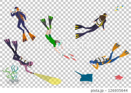 3D Isometric Flat  Set of Scuba Divers, Marine Exploring People 126935644