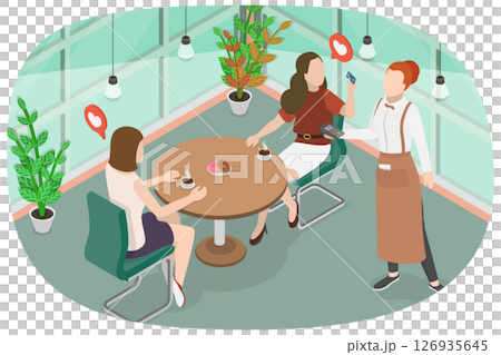3D Isometric Flat  Illustration of Lunch With Friend , A Person Paying For Meal In A Restaurant Using Credit Card 126935645