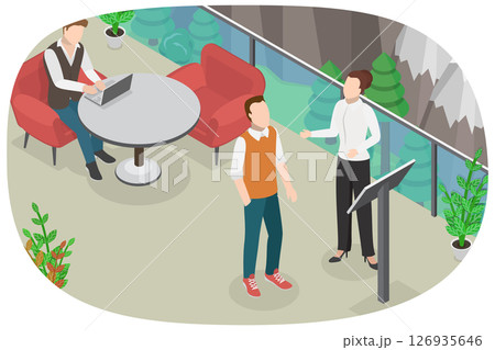3D Isometric Flat Illustration of Hotel Rooftop Terrace, Mountain Resort Restaurant 3D Isometric Flat Illustration of Hotel Rooftop Terrace, Mountain Resort Restaurant 126935646