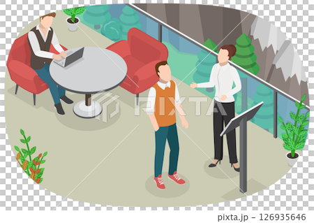 3D Isometric Flat Illustration of Hotel Rooftop Terrace, Mountain Resort Restaurant 3D Isometric Flat Illustration of Hotel Rooftop Terrace, Mountain Resort Restaurant 126935646