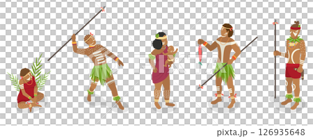 3D Isometric Flat  Set of Native Tribal People, Aboriginal Men 126935648