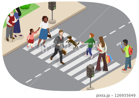 3D Isometric Flat  Illustration of Zebra Crosswalk, Pedestrians Safely Navigate City Streets Using Traffic Signals 126935649