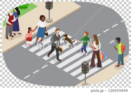3D Isometric Flat  Illustration of Zebra Crosswalk, Pedestrians Safely Navigate City Streets Using Traffic Signals 126935649