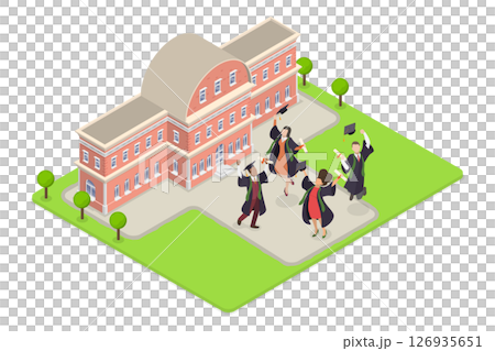 3D Isometric Flat  Illustration of Happy Students, Graduation Ceremony In The Campus Park. 126935651