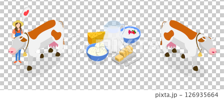 3D Isometric Flat  Illustration of Dairy Farm, Milk Products 126935664