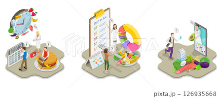 3D Isometric Flat  Illustration of Diet Plan, Promoting Healthy Eating 126935668